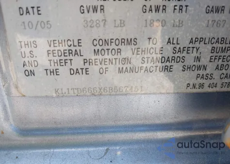 2006 Chevrolet Aveo Ls из США, поврежденный, VIN KL1TD666X6B567451